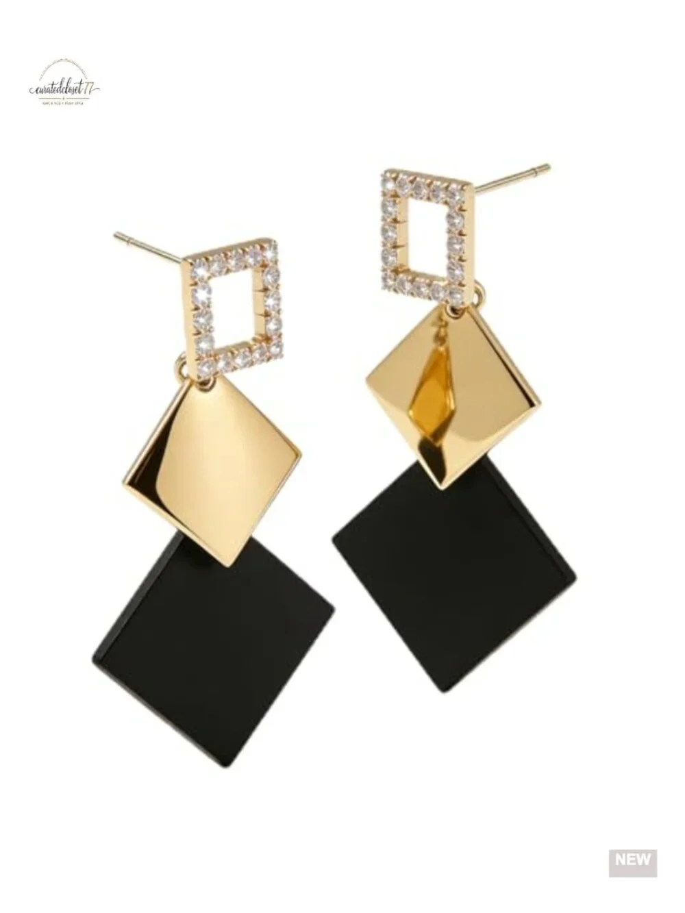 Geometric Square Dangle Earrings, Statement Minimalist Rhinestone Earrings,